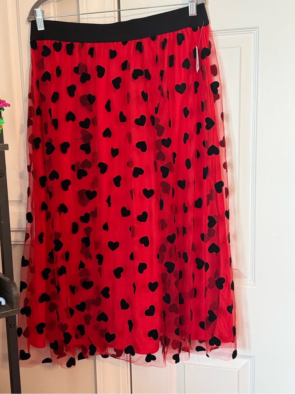NWT Red Black Heart Flocked Sheer Skirt Women’s Medium Vintage